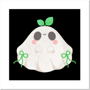 Cute Ghost with Green Leaves Halloween Illustration Posters and Art